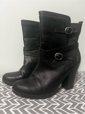 Style & Co. Black Leather Mid-Calf Buckle Heeled Boots